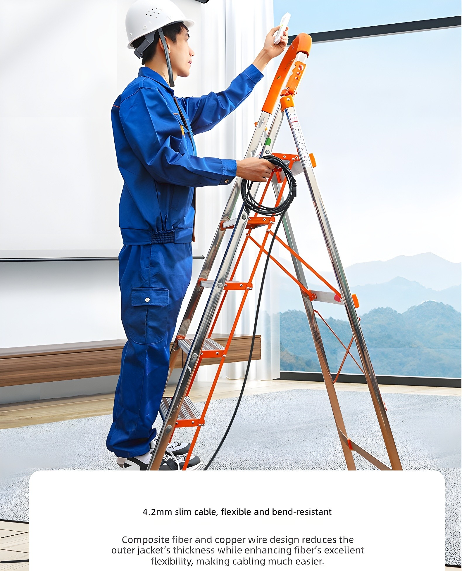 Technician in blue uniform installing cable in modern living room with mountain view