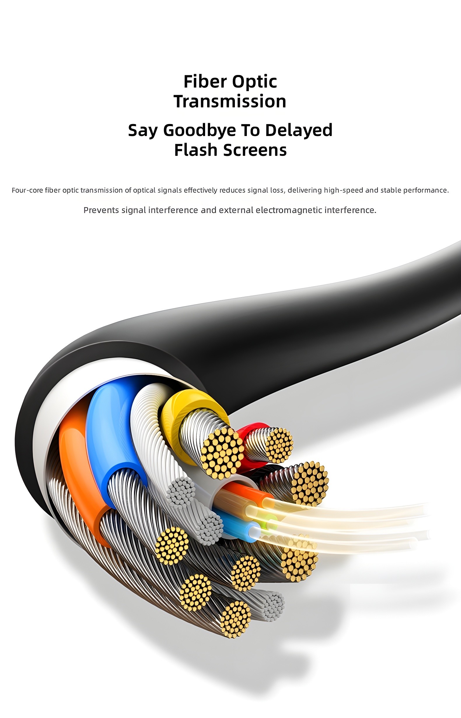 Cross-section of 4-core fiber optic cable showing colored fibers and copper wires