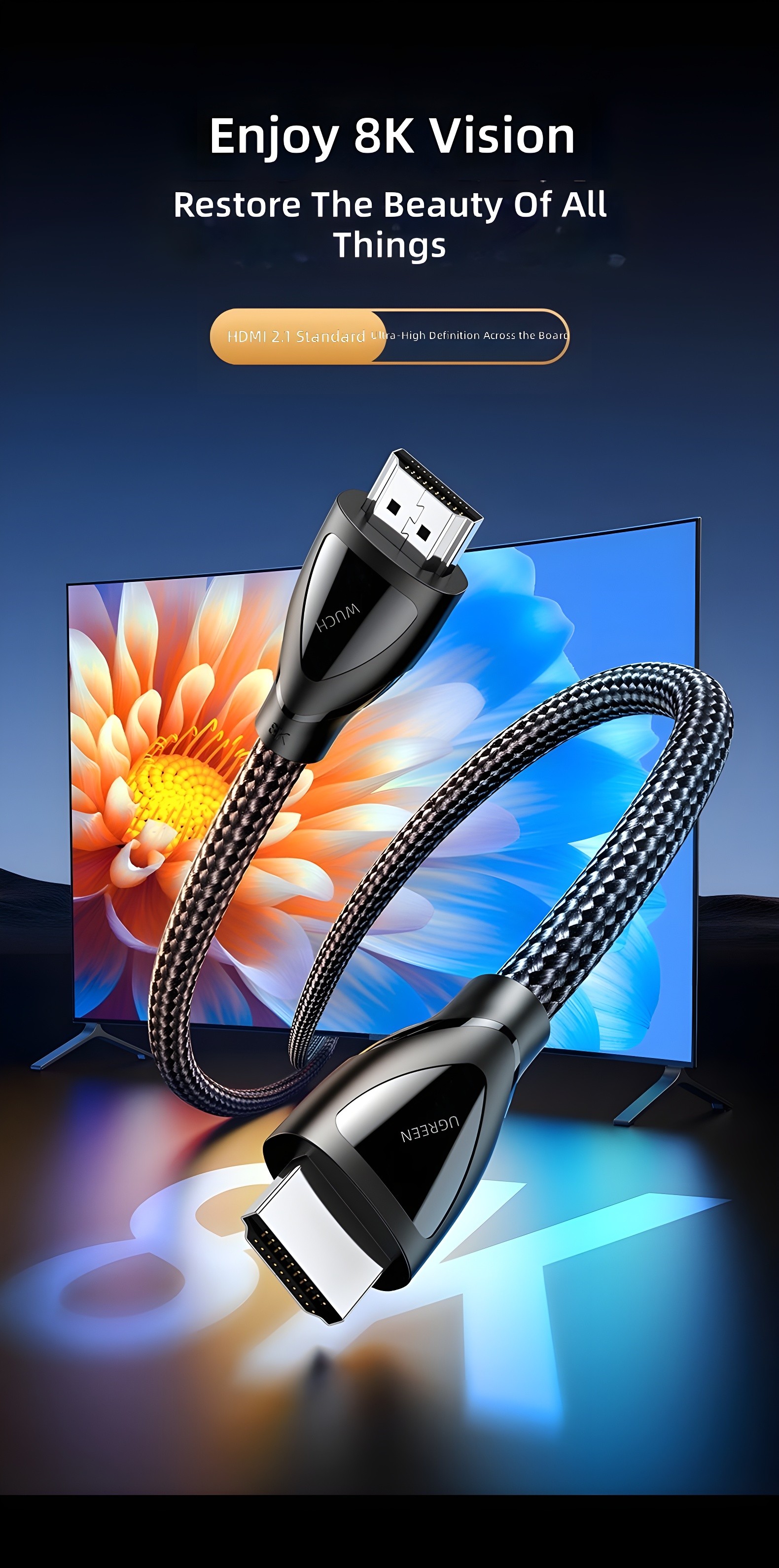 Cable in front of TV displaying vibrant flower image, emphasizing 8K vision