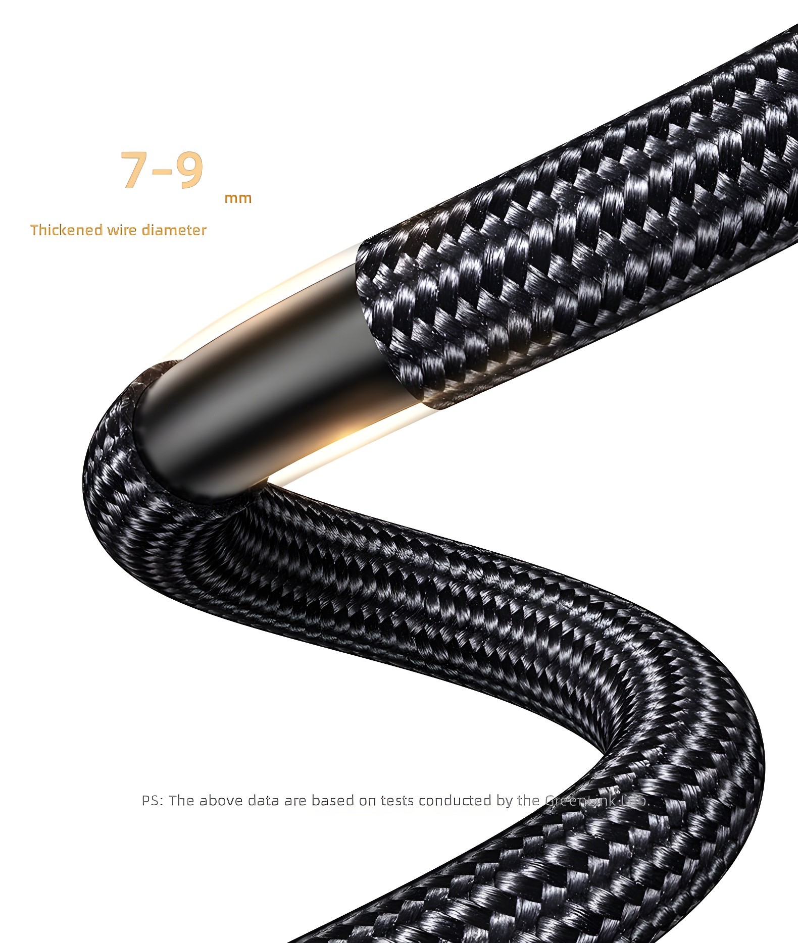 Close-up of braided cable showing thickened wire diameter (7–9 mm)