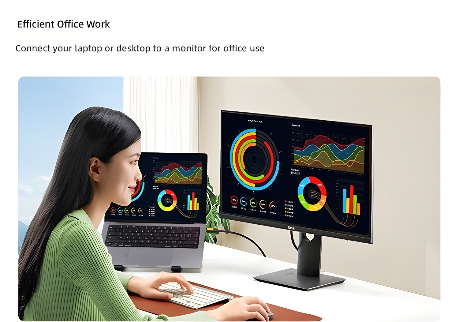 Efficient Office Work: woman using laptop connected to external monitor via GreenLink HDMI cable