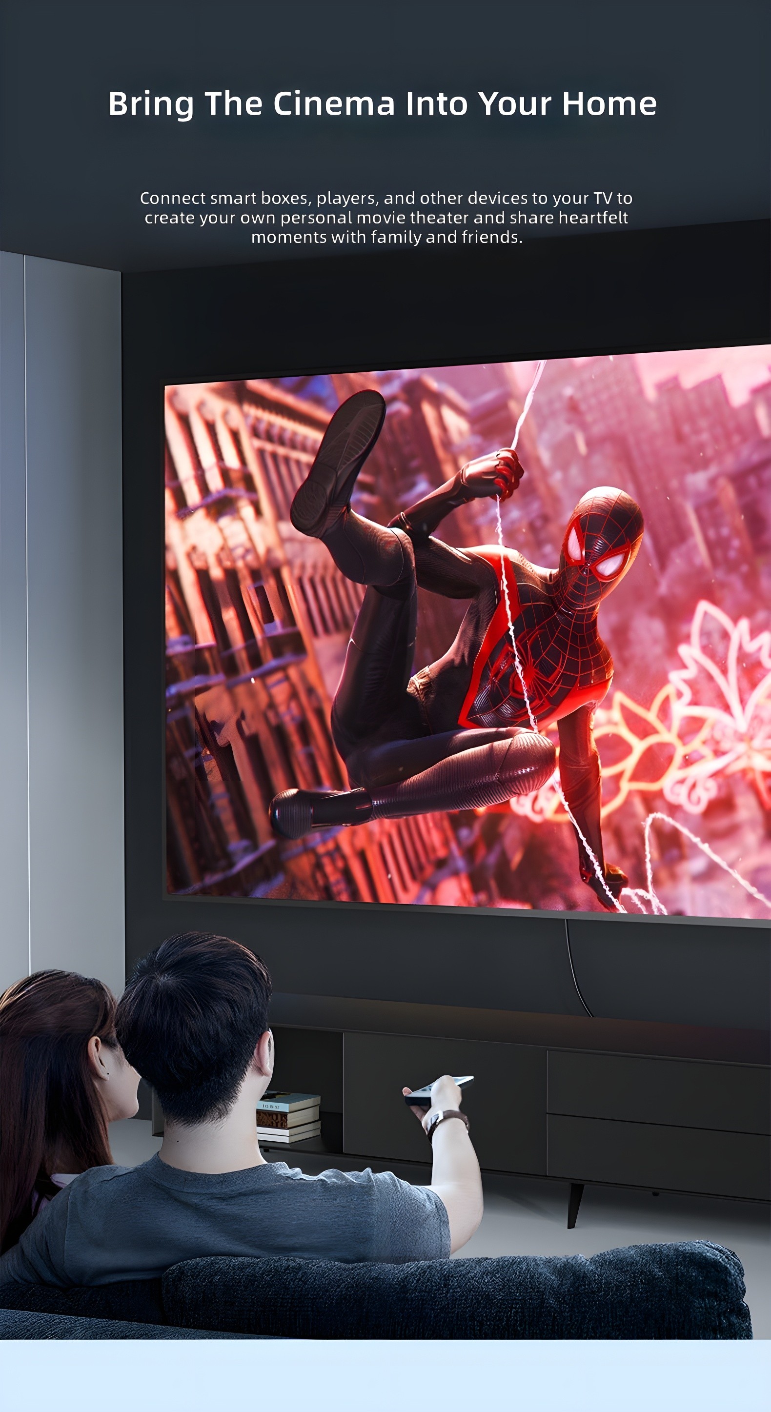 Home Cinema Setup with SAMZHE Cable Connecting TV and Smart Devices