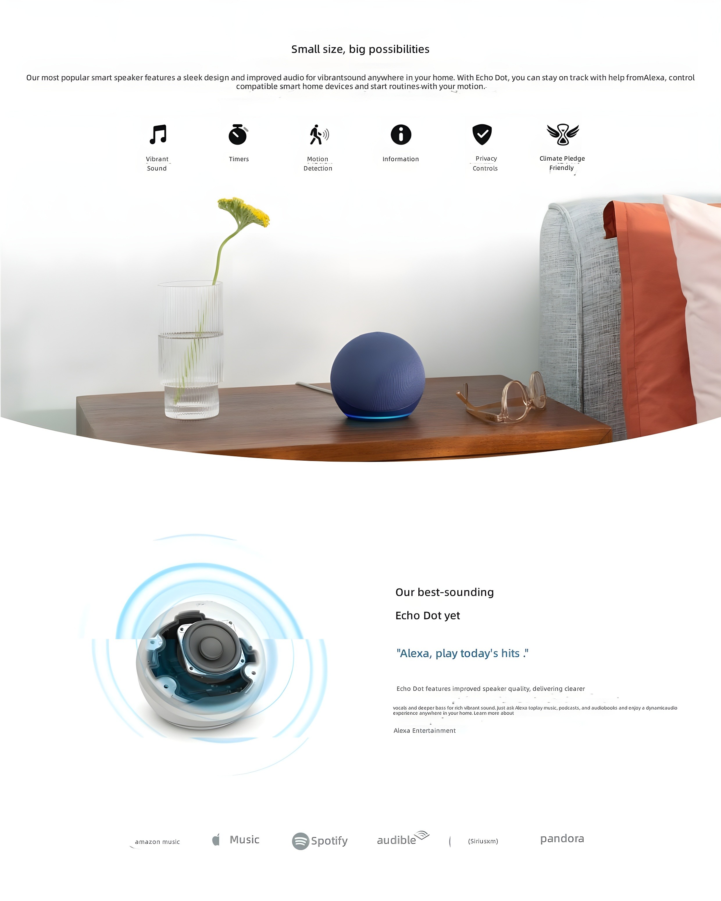 Echo Dot (5th Gen) in bedroom setting with icons for features: Vibrant Sound, Timers, Motion Detection, Information, Privacy Controls, Climate Pledge Friendly