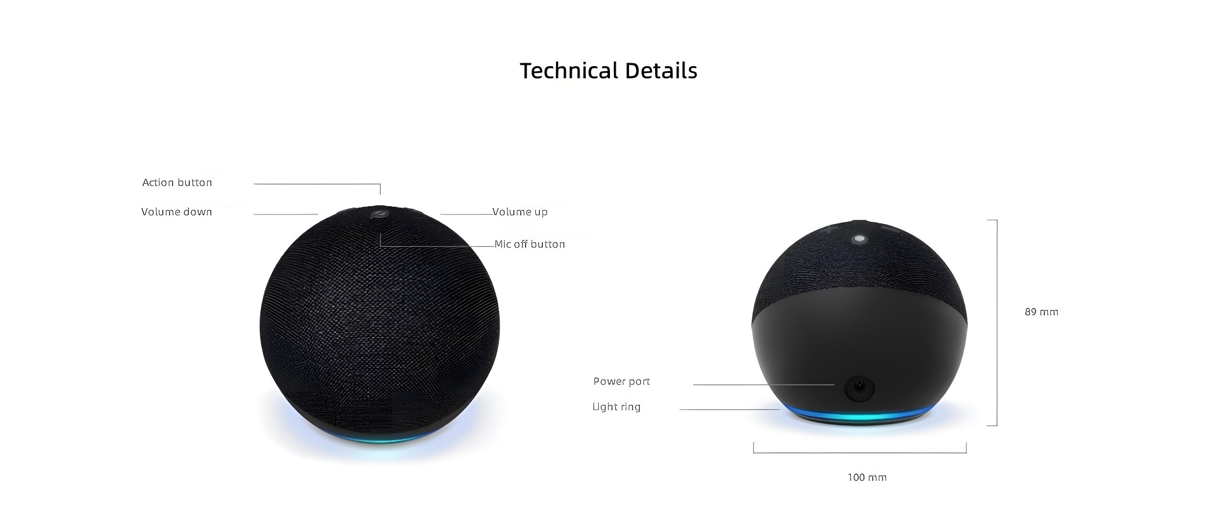 Technical details diagram of Echo Dot (5th Gen) showing labeled parts: Action button, Volume down/up, Mic off button, Power port, Light ring; dimensions: 89mm height, 100mm diameter