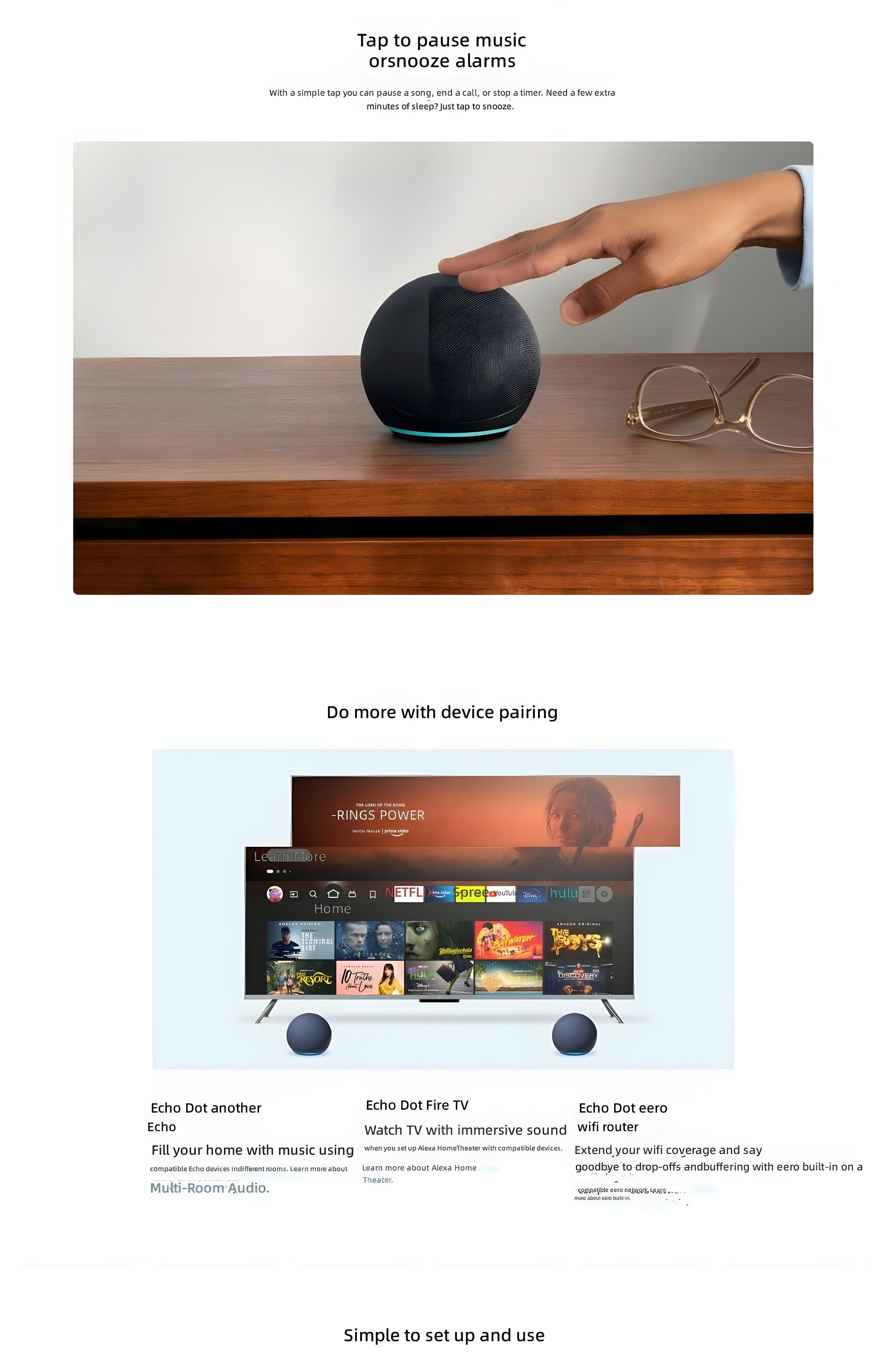 Top image: Hand tapping Echo Dot to pause music/snooze alarm. Bottom image: Two Echo Dots flanking TV displaying streaming services; text highlights 'Do more with device pairing' and compatibility with Echo Dot, Echo Dot Fire TV, Echo Dot eero
