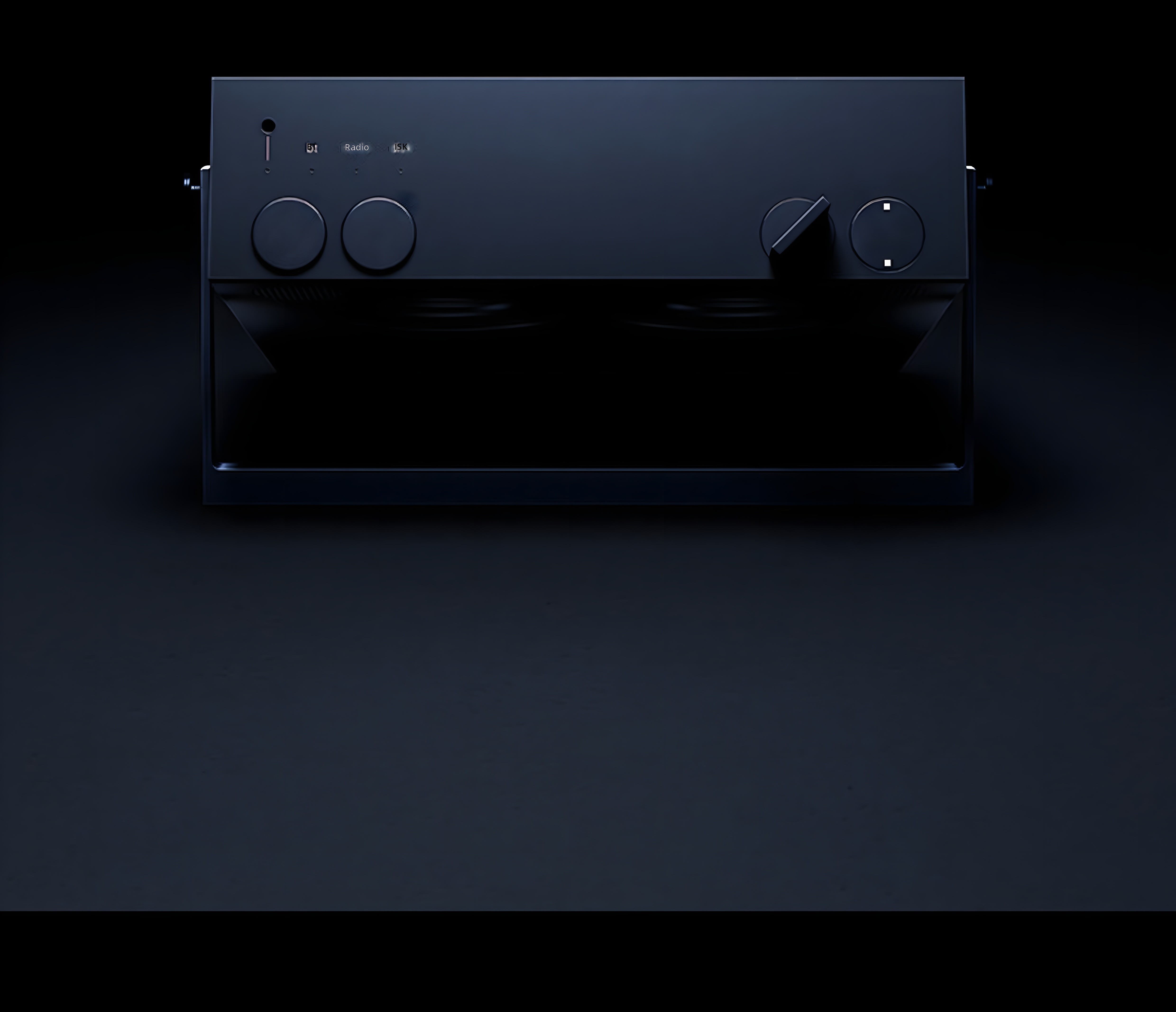 Dramatic low-light frontal shot of OB-4 highlighting sleek silhouette and glowing controls