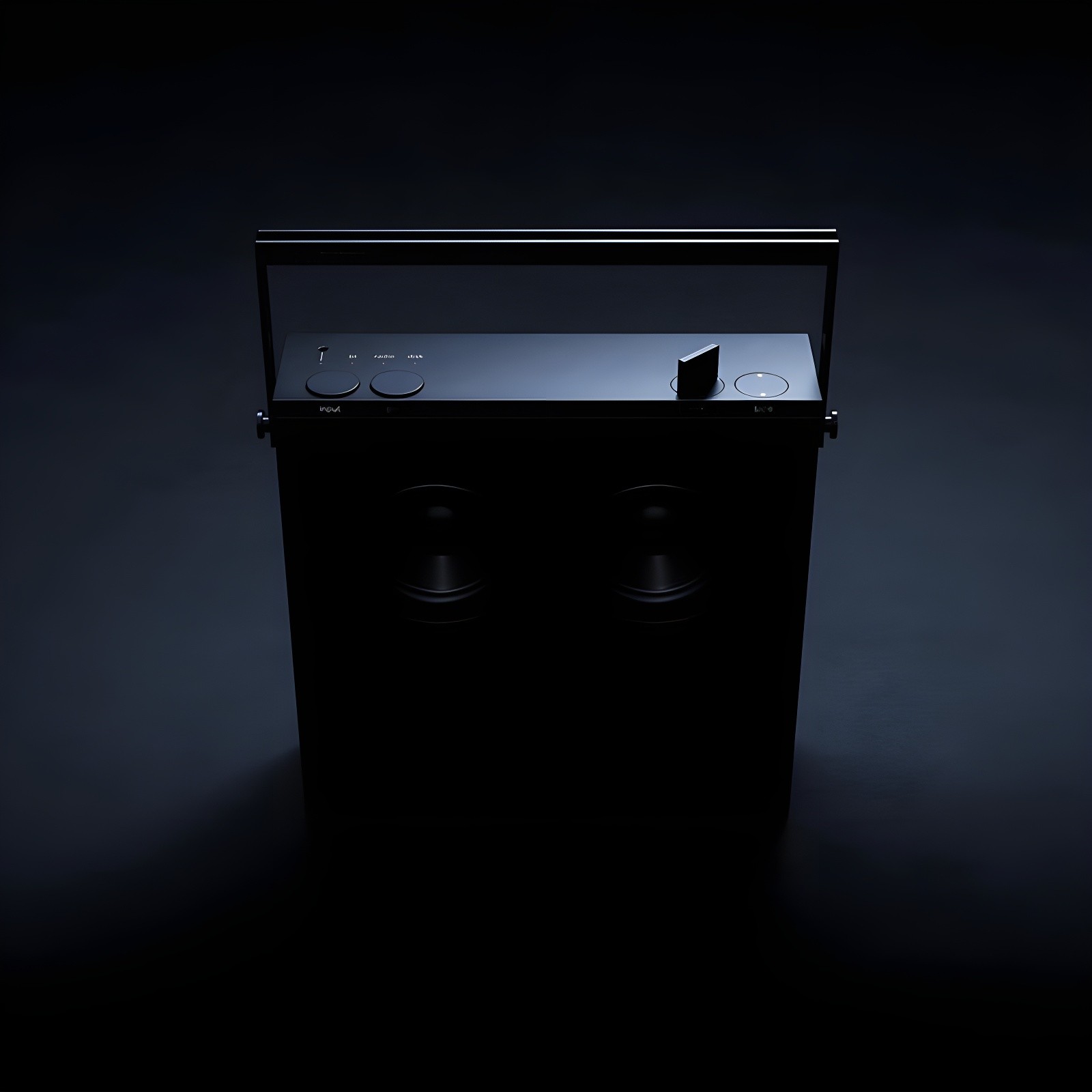 Frontal view of OB-4 with handle raised, revealing dual woofers and symmetrical driver layout