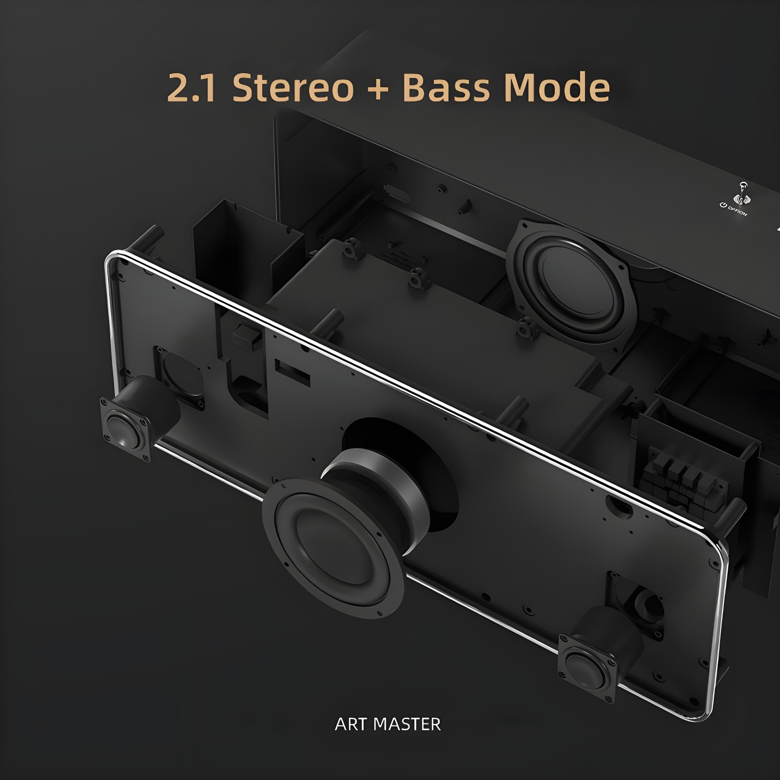 Exploded view of Art Master Retro 1 interior showing 2.1 Stereo + Bass Mode speaker configuration