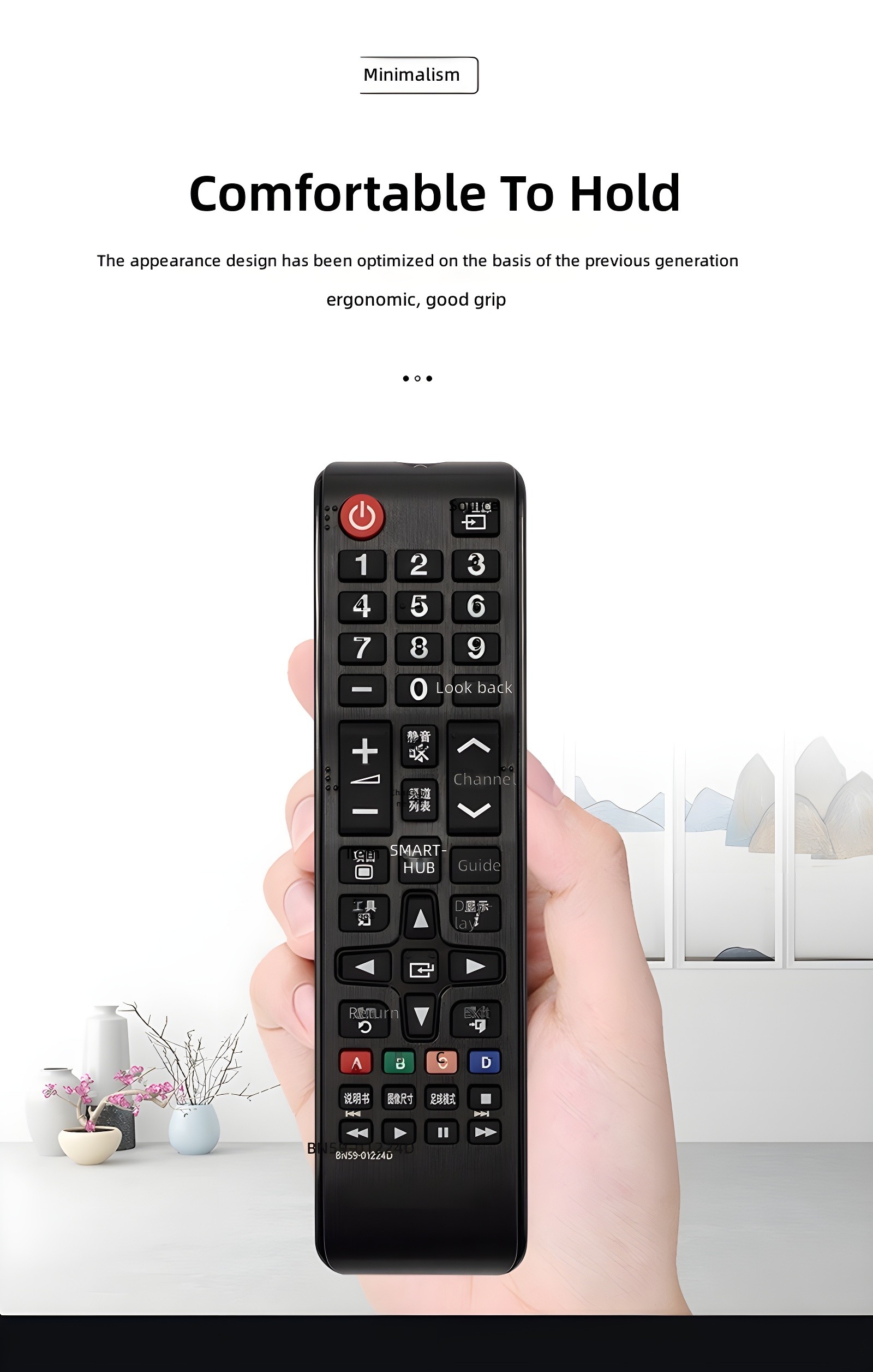 Hand holding BN59-01224D remote in minimalist living room setting