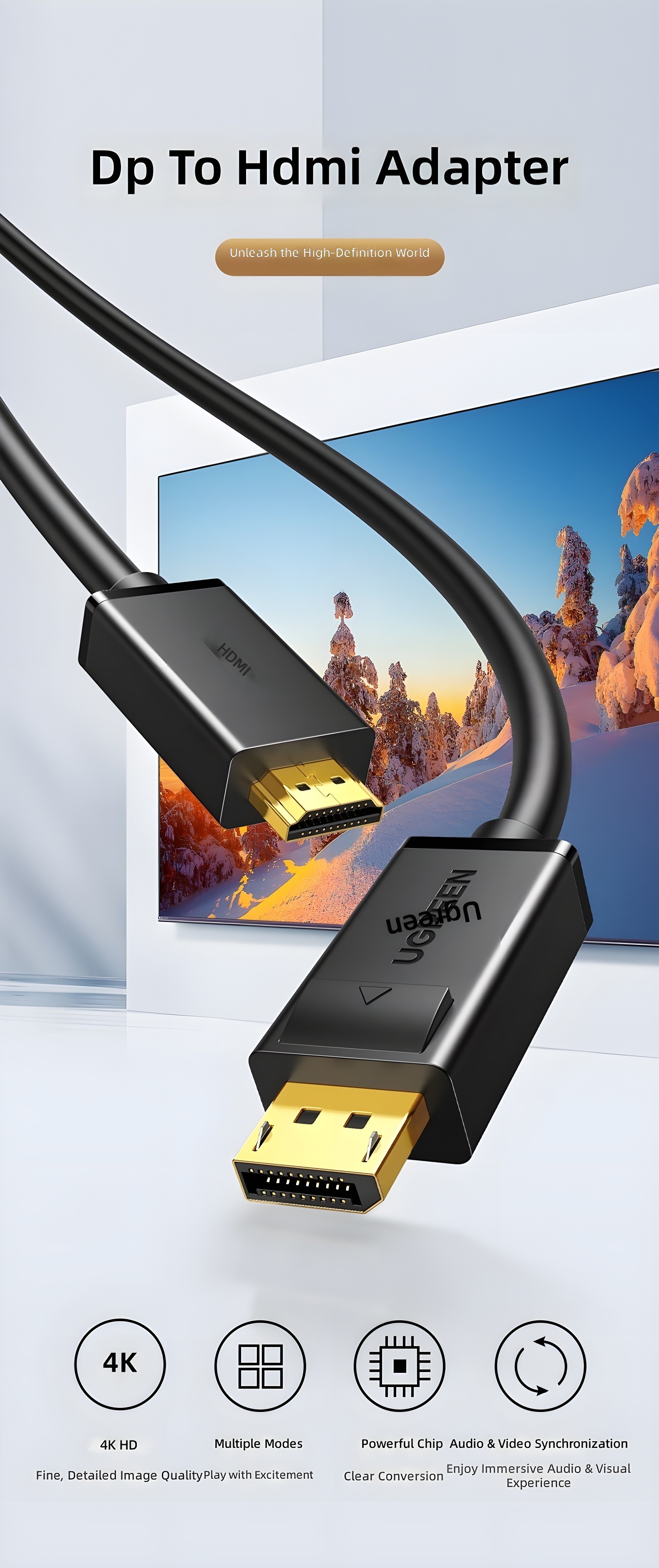 UGREEN DP to HDMI Adapter showcasing 4K HD output on a large display with snowy landscape