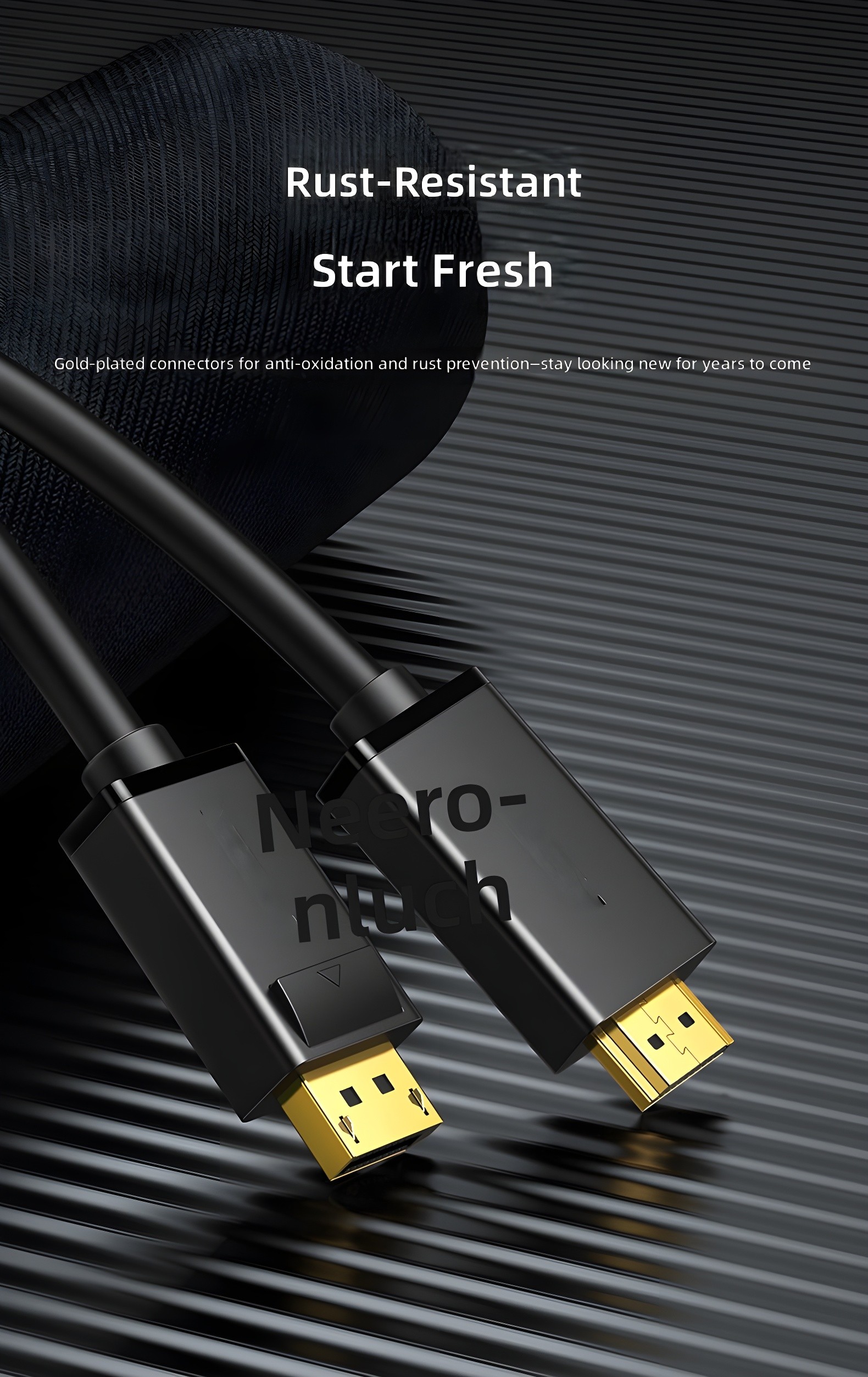 Close-up of gold-plated connectors on UGREEN DP to HDMI adapter, emphasizing rust resistance