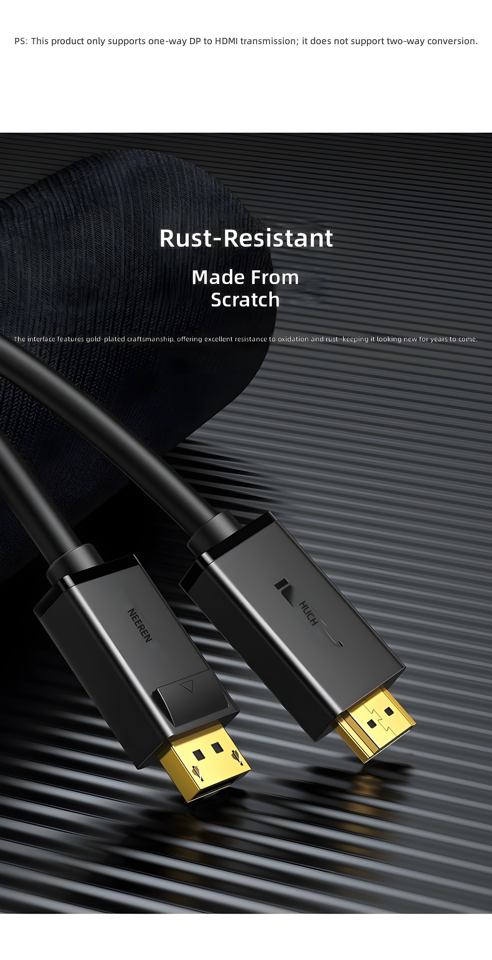 UGREEN DP to HDMI adapter with gold-plated connectors on textured black surface, highlighting scratch resistance and craftsmanship