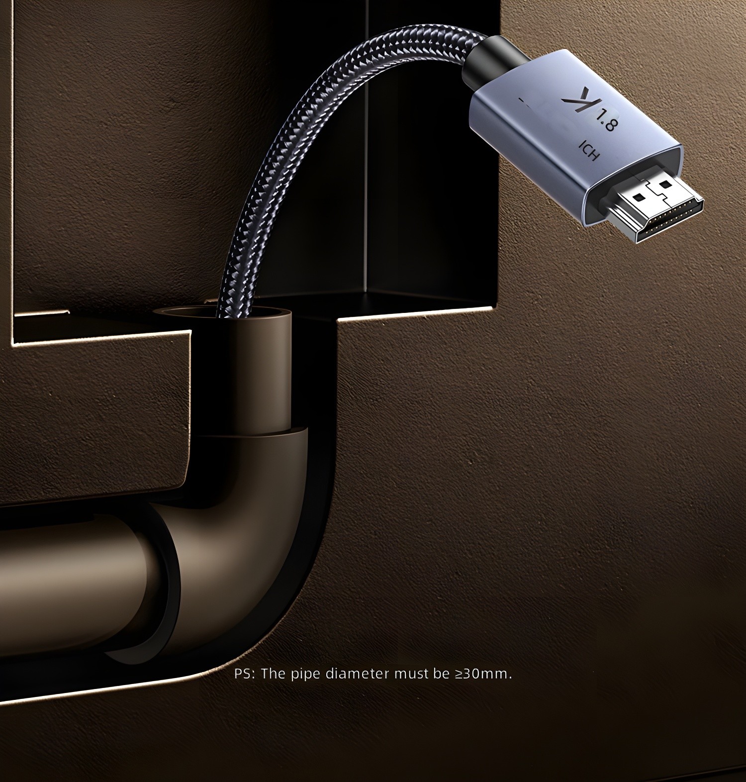 Close-up of UGREEN HDMI connector inserted into a port, highlighting the braided cable and robust strain relief