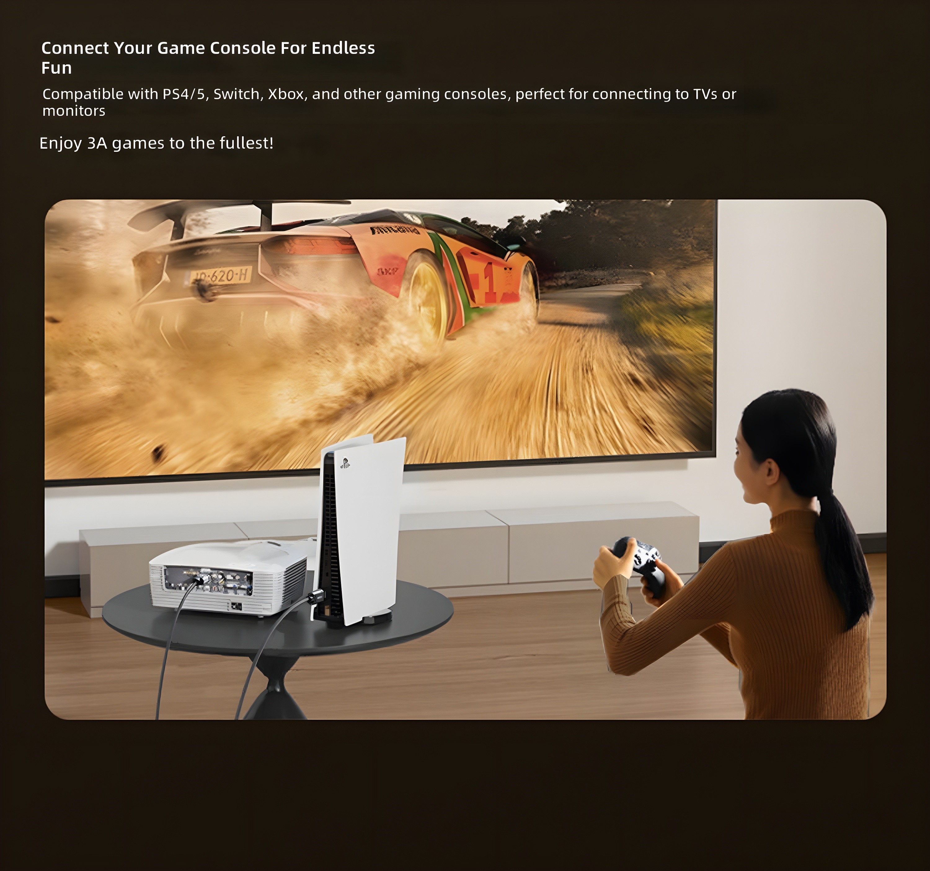 Black-and-white lifestyle image showing a gamer using PS5 connected via HDMI to a large screen, demonstrating console compatibility