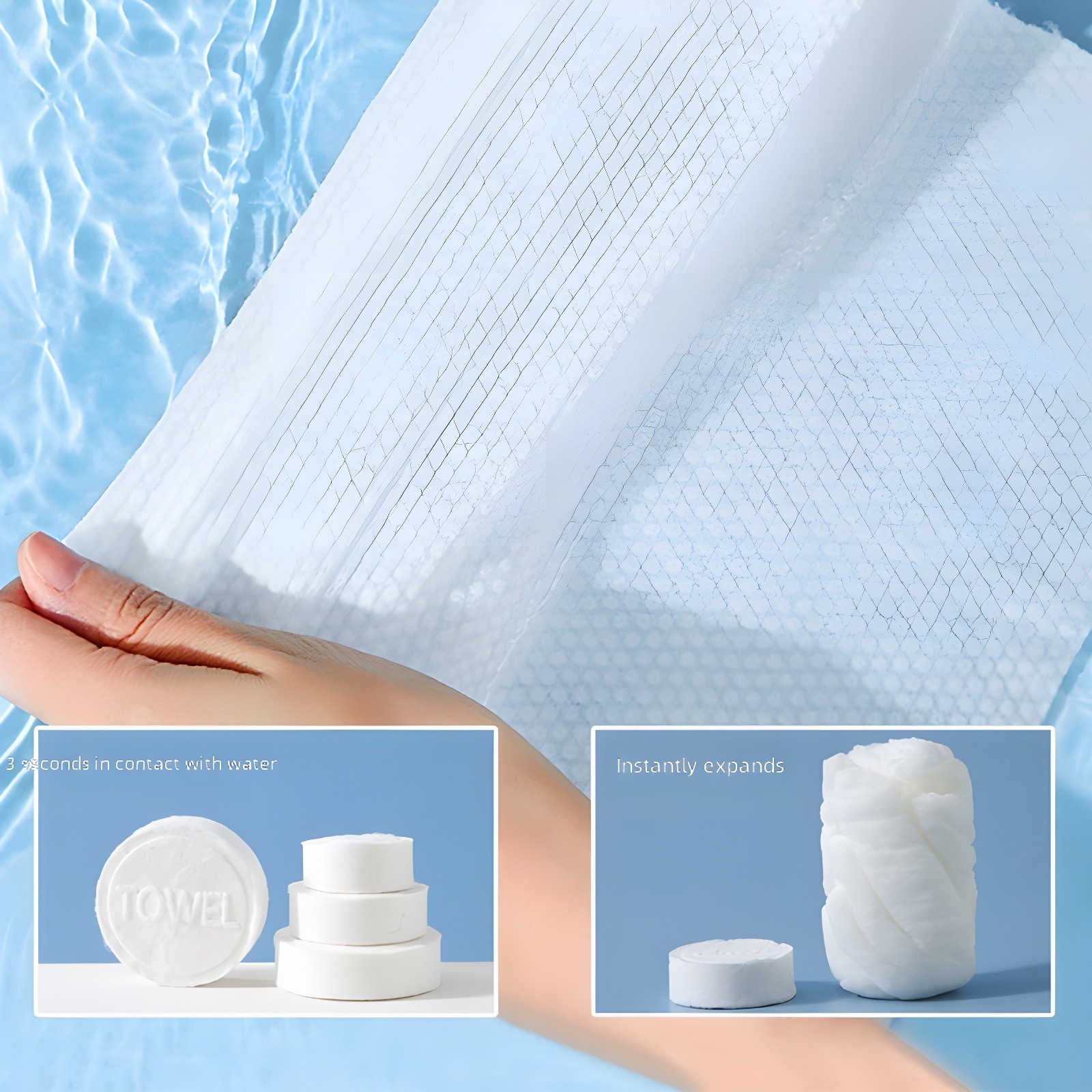 Hand holding an expanded compressed towel above water, with insets showing 3-second activation and instant expansion