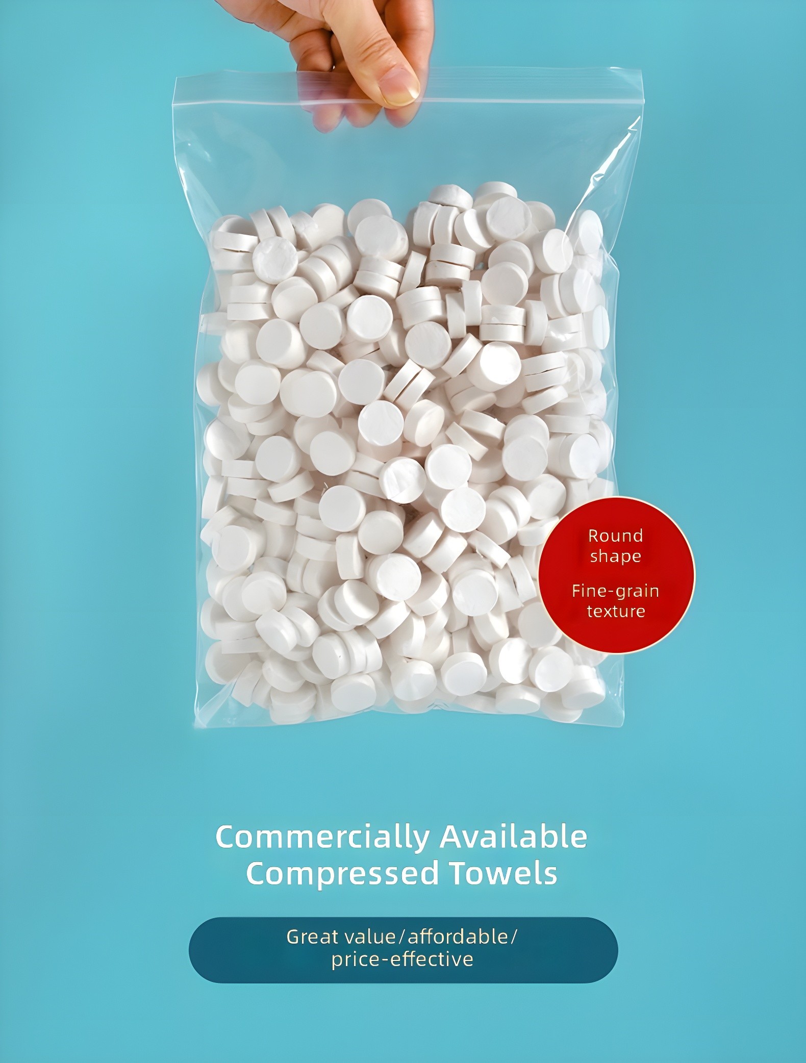 Hand holding a sealed bag of compressed towels, with text highlighting round shape, fine-grain texture, and commercial availability
