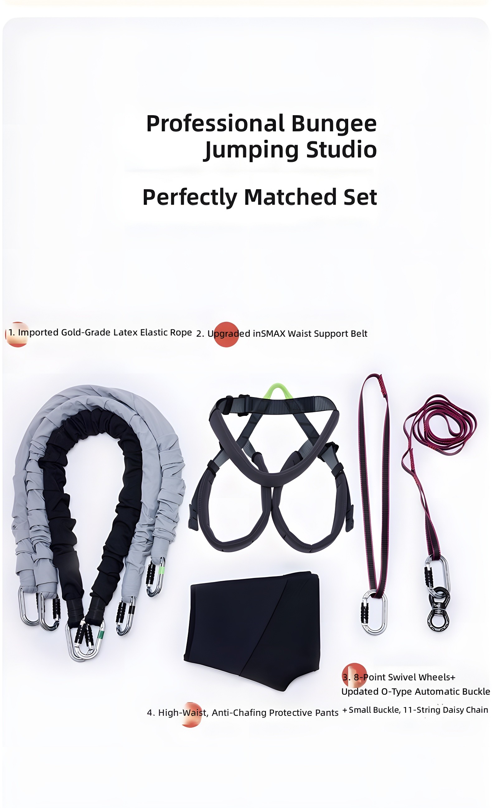 Flat-lay product shot of the Professional Bungee Jumping Studio Set: two coiled elastic ropes (black and gray), a gray hip harness, black protective pants, and two carabiner-equipped straps with daisy chains, labeled with feature callouts.