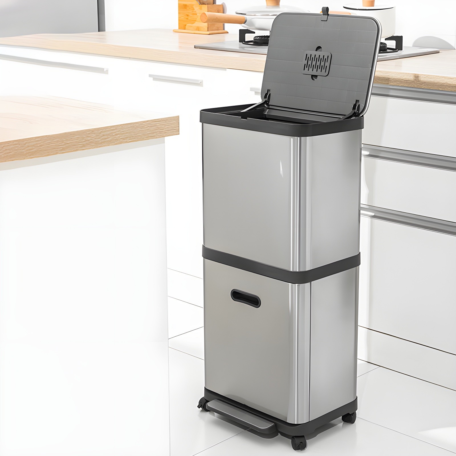 TG5346 with top lid fully open, revealing internal structure and ventilation grid, placed beside a kitchen counter with stove and utensils