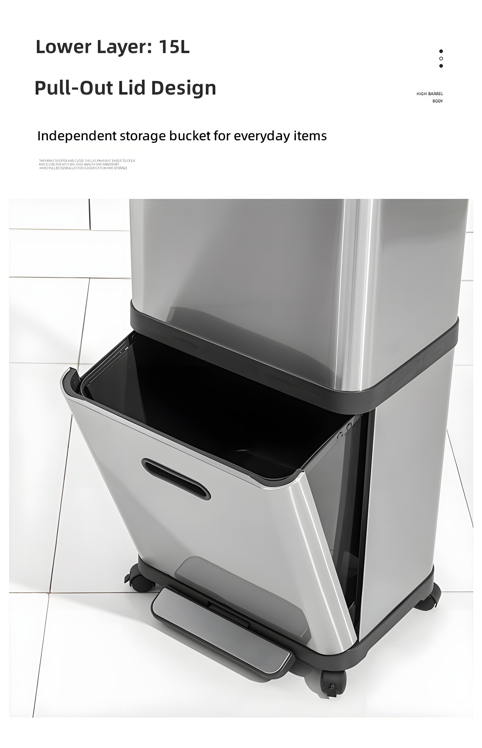 Close-up of the lower layer pull-out lid design, showing the 15L independent storage bucket