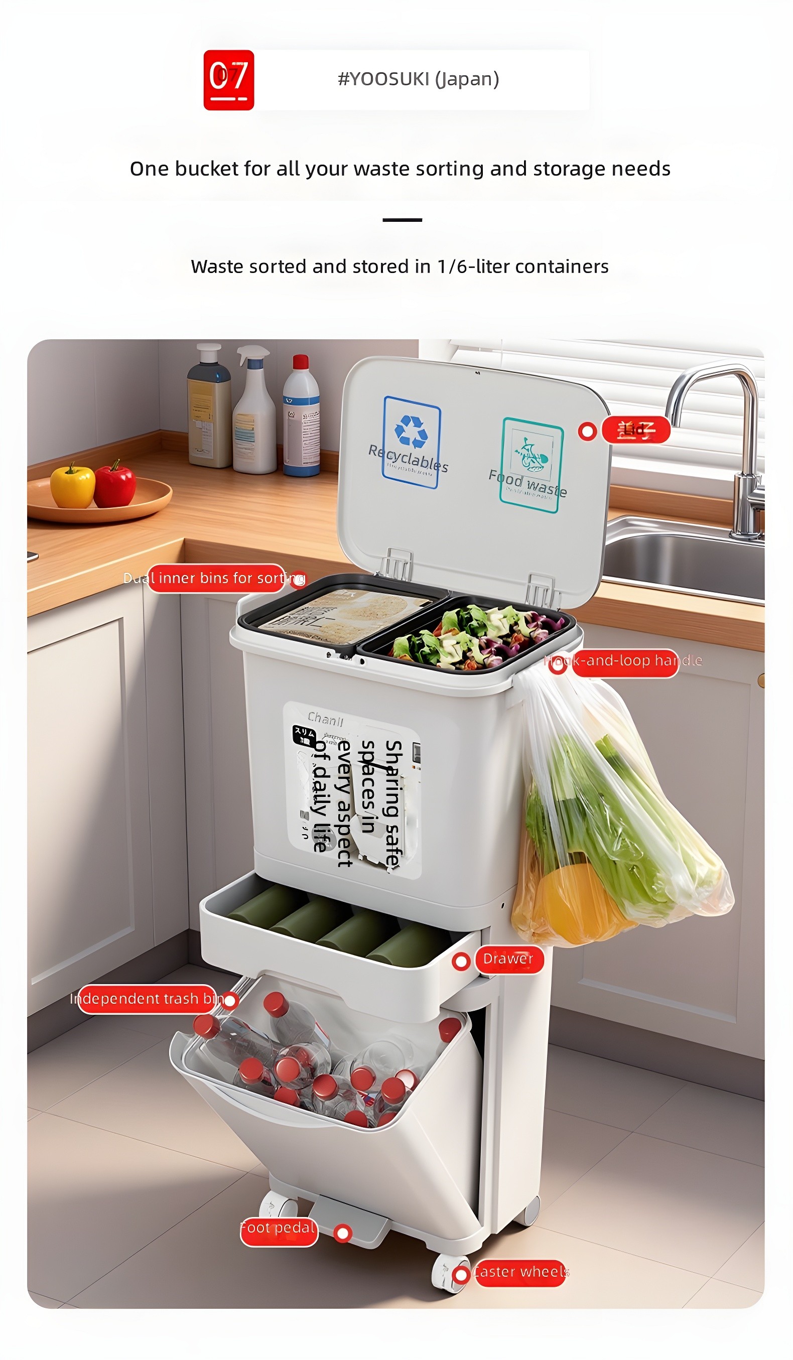 YOOSUKI multi-functional kitchen waste sorter in use on countertop