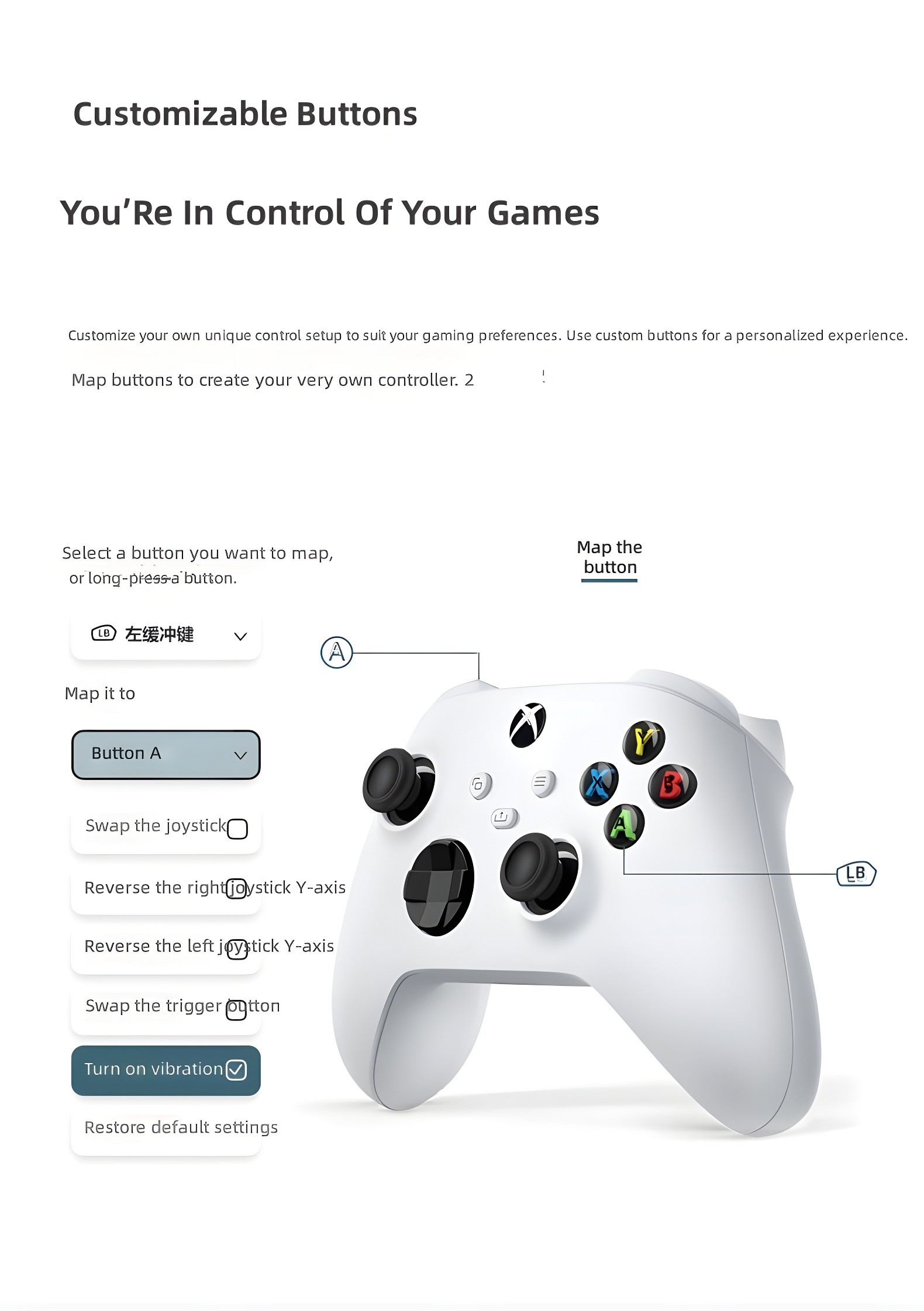 Customizable Buttons interface with 'Map the button' label and controller diagram