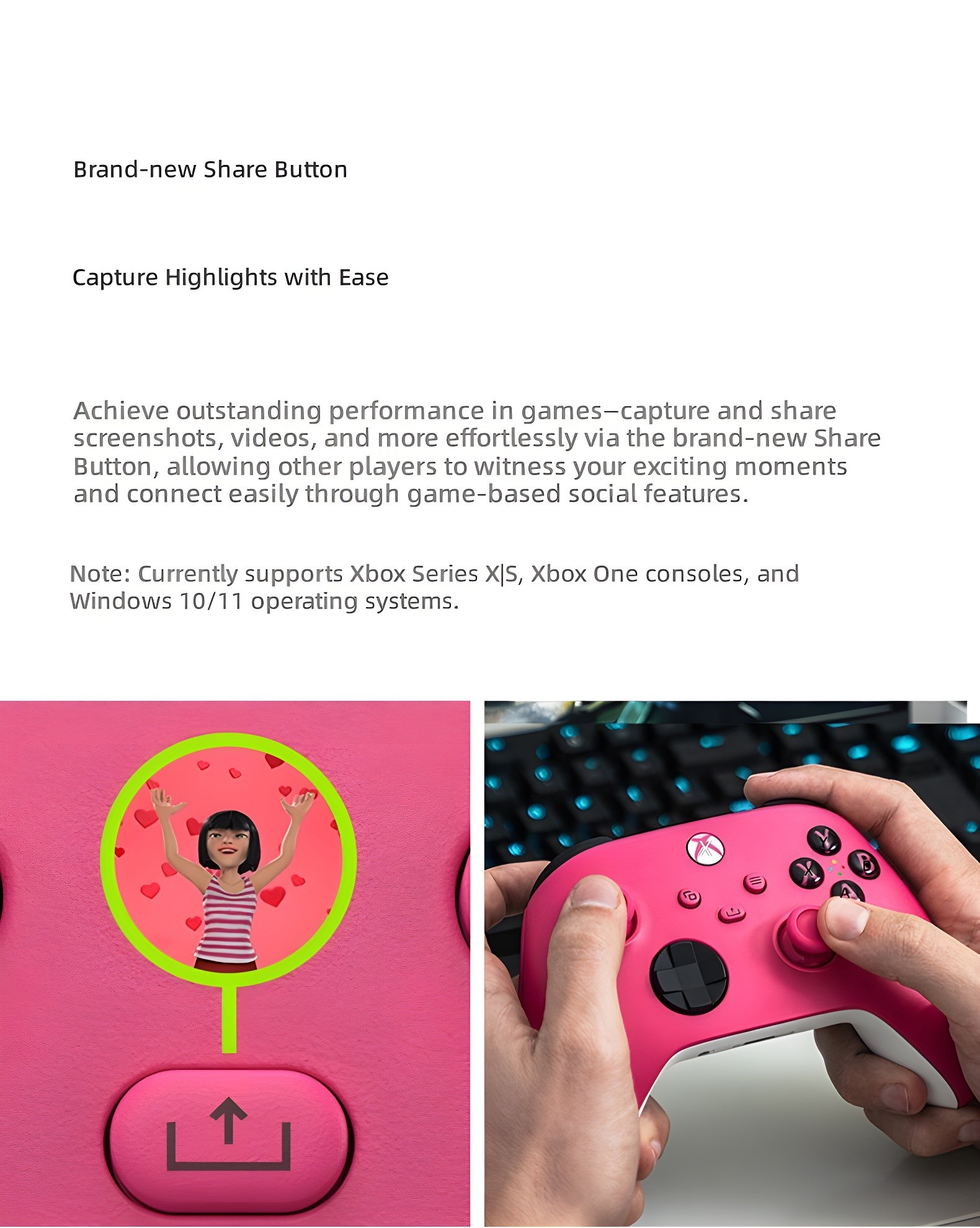 Brand-new Share Button with illustration and pink controller in hand