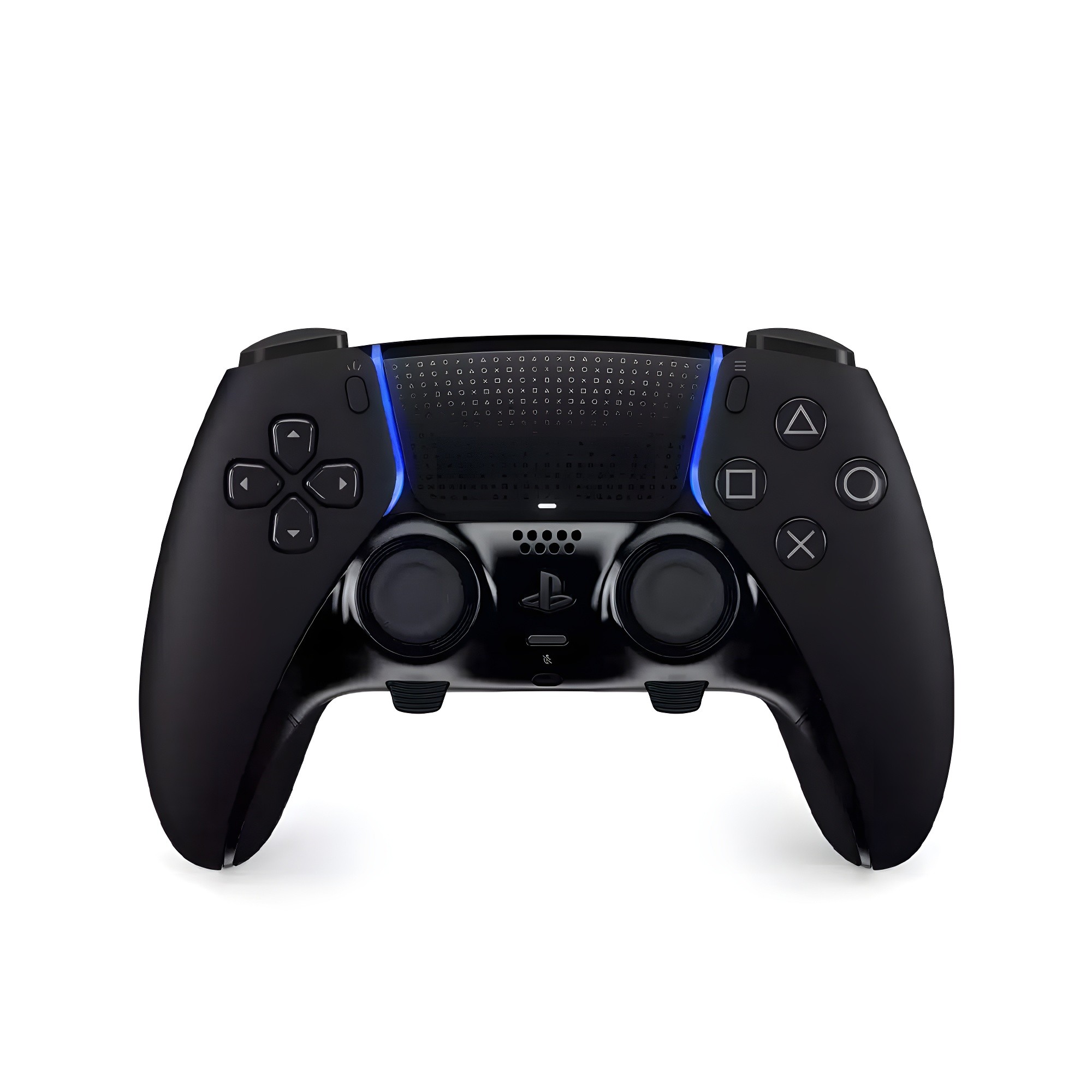 White DualSense Edge controller front view with black accents and illuminated OLED display