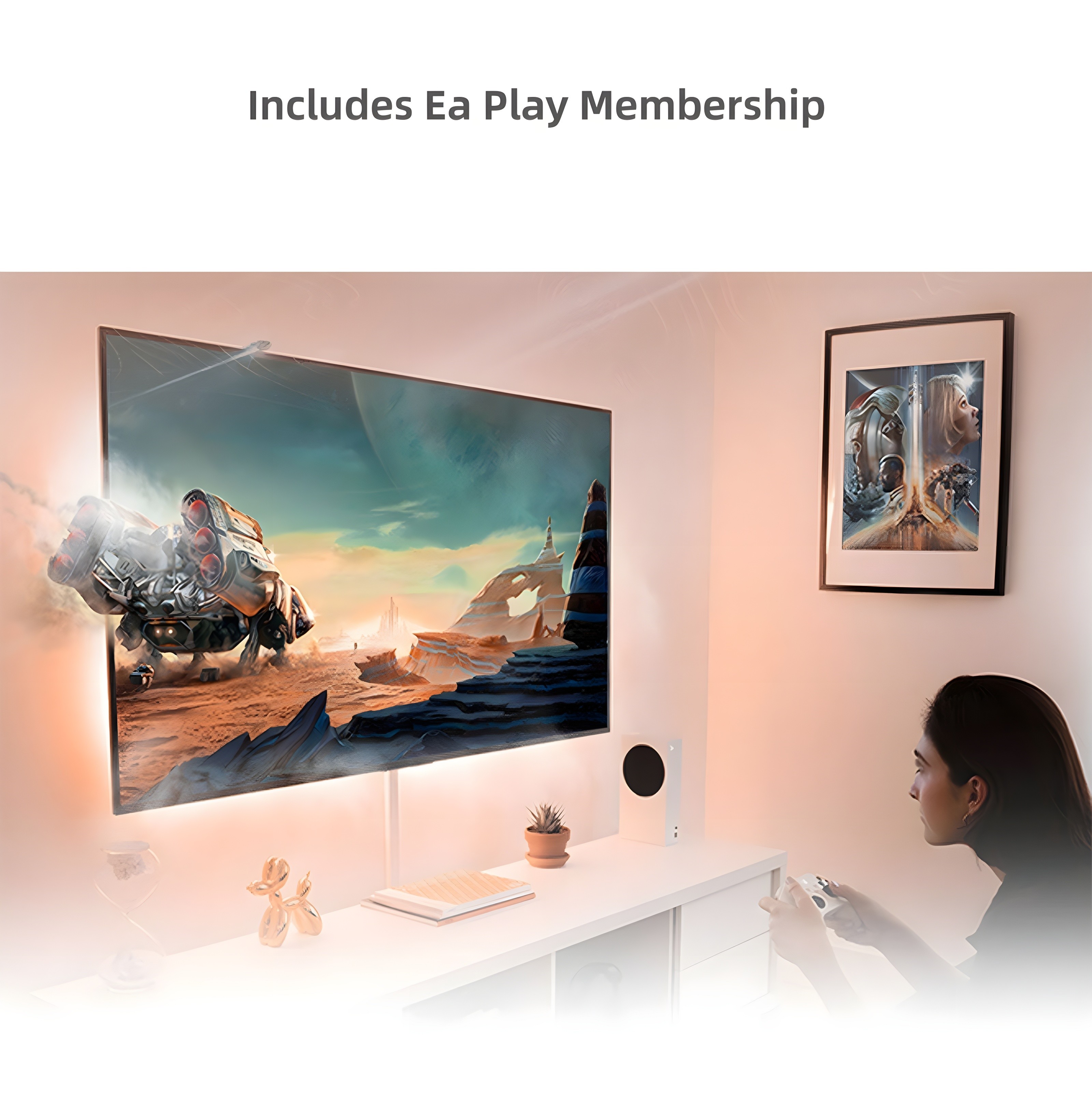 Black-and-white image showing Xbox gameplay with EA Play membership text