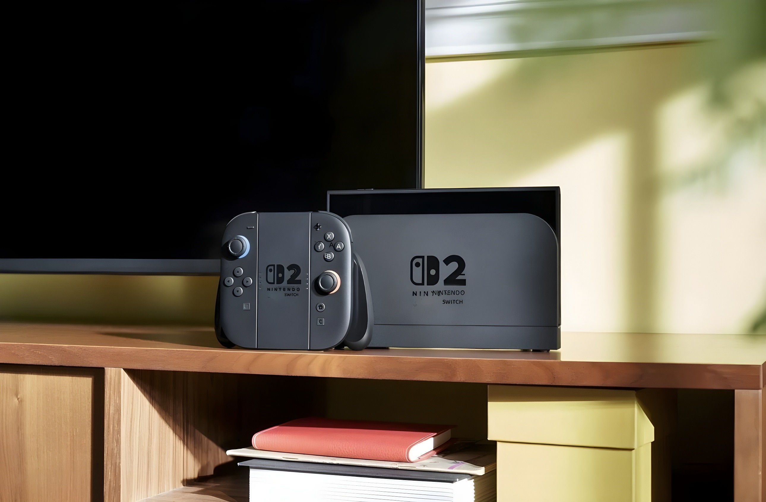Color version of Nintendo Switch 2 setup on wooden shelf, warm ambient lighting